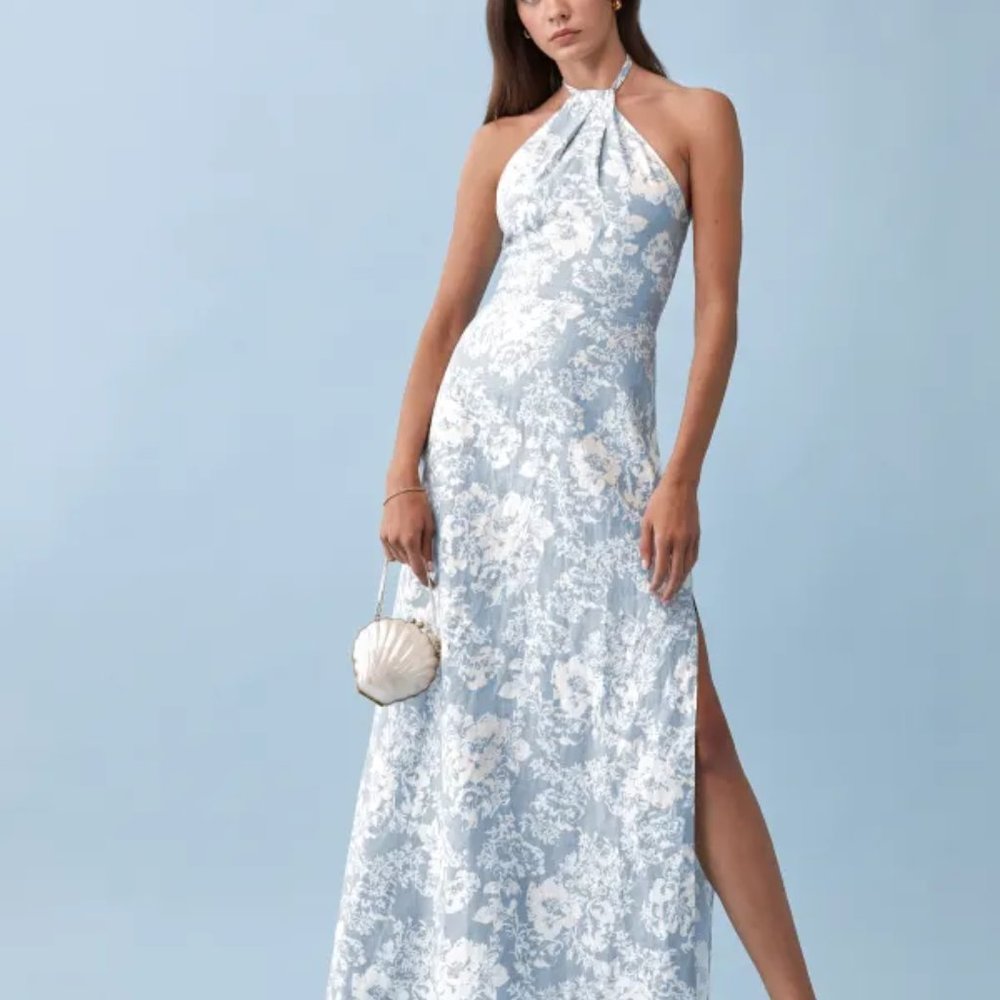 Reformation Elmer Linen Dress in Porcelain Blue White Floral Print Halter Neck